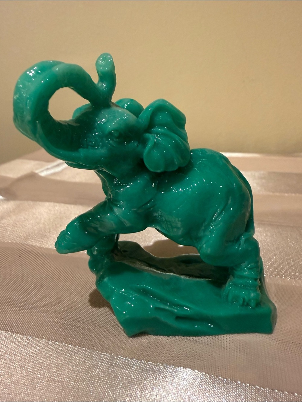 Vintage Teal Slag Glass Elephant Figurine - Trunks Up Good Luck Decor